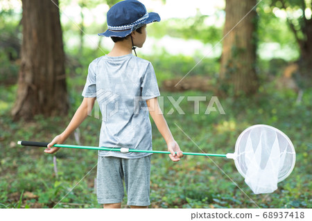 A child taking insects in a thicket 68937418