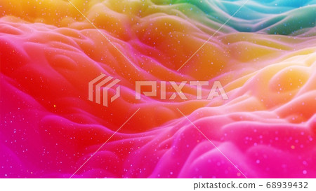 Beautiful abstract 3D background with warm gradient colors, surface with abstract waves or extruded wavy pattern on surface. Color gradient, soft matte material with glitter sparkles. 68939432