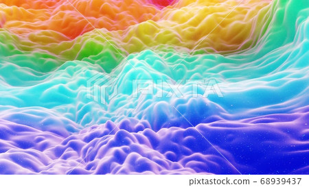 Beautiful abstract 3D background with gradient rainbow colors, surface with abstract waves or extruded wavy pattern on surface. Color gradient, soft matte material with glitter sparkles. 68939437