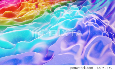 Beautiful abstract 3D background with gradient rainbow colors, surface with abstract waves or extruded wavy pattern on surface. Color gradient, soft matte material with glitter sparkles. 68939439