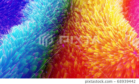 Beautiful abstract 3D background with gradient rainbow colors, surface with abstract waves or extruded wavy pattern on surface. Color gradient, soft matte material with glitter sparkles. 68939442