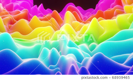 Beautiful abstract 3D background with gradient rainbow colors, surface with abstract waves or extruded wavy pattern on surface. Color gradient, soft matte material with glitter sparkles. 68939465