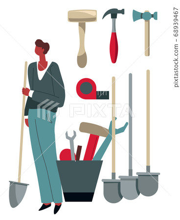 Male character buying instrument from tool shop store Male character buying instrument from tool shop store 68939467
