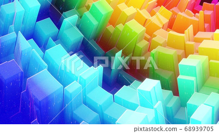 Beautiful abstract 3D background with gradient rainbow colors, surface with abstract waves or extruded wavy pattern on surface. Color gradient, soft matte material with glitter sparkles. 68939705