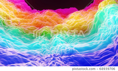 Beautiful abstract 3D background with gradient rainbow colors, surface with abstract waves or extruded wavy pattern on surface. Color gradient, soft matte material with glitter sparkles. 68939706