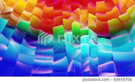 Beautiful abstract 3D background with gradient rainbow colors, surface with abstract waves or extruded wavy pattern on surface. Color gradient, soft matte material with glitter sparkles. 68939708