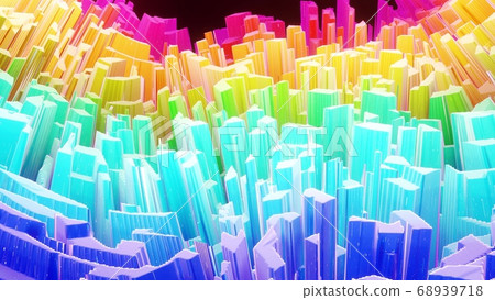 Beautiful abstract 3D background with gradient rainbow colors, surface with abstract waves or extruded wavy pattern on surface. Color gradient, soft matte material with glitter sparkles. 68939718