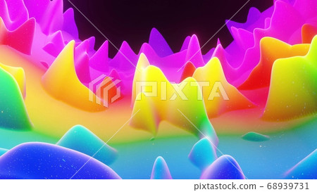 Beautiful abstract 3D background with gradient rainbow colors, surface with abstract waves or extruded wavy pattern on surface. Color gradient, soft matte material with glitter sparkles. 68939731