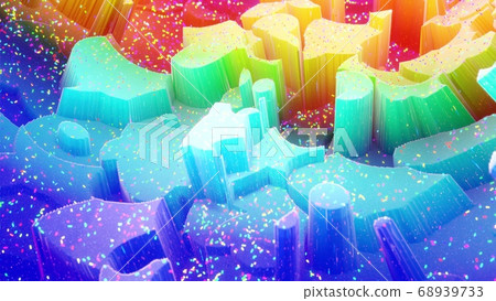 Beautiful abstract 3D background with gradient rainbow colors, surface with abstract waves or extruded wavy pattern on surface. Color gradient, soft matte material with glitter sparkles. 68939733