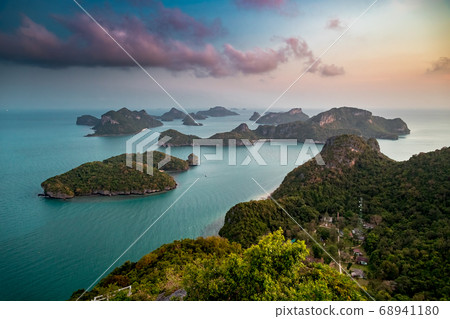 Thailand National Marine Park aerial hill islet with green grass at turquoise water of Pacific Ocean 68941180