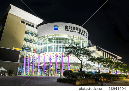 night view of the Taipei Nangang Exhibition Center Hall 1 in Taiwan. 68941604