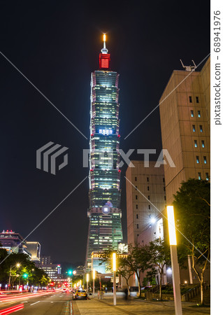 view of Taipei 101 skyscrapers in Taipei, Taiwan. the Xinyi District is a prime shopping area in Taipei, anchored by a number of department stores and malls. view of Taipei 101 skyscrapers in Taipei, Taiwan. the Xinyi District is a prime shopping area in Taipei, anchored by a number of department stores and malls. 68941976