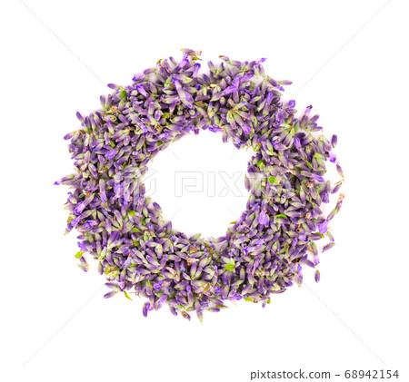 Lavender flowers, isolated on white background. Petals of lavender flowers. Medicinal herbs. Top view. Lavender flowers, isolated on white background. Petals of lavender flowers. Medicinal herbs. Top view. 68942154