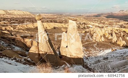 Three beauties or three graces unusual volcanic rock formation in Cappadocia. The most famous fairy chimneys in Cappadocia. 68942756