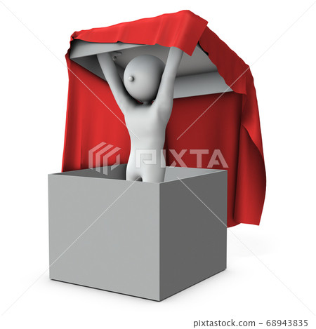 A character that appears from a big box. 3D rendering. 68943835