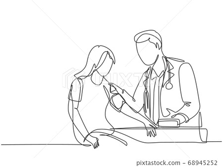 Single continuous line drawing of young male doctor examining young woman patient pulse rate and blood pressure using tensiometer Single continuous line drawing of young male doctor examining young woman patient pulse rate and blood pressure using tensiometer 68945252