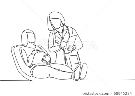 One single line drawing of female obstetrics and gynecology doctor talking to patient and explain the womb condition One single line drawing of female obstetrics and gynecology doctor talking to patient and explain the womb condition 68945254