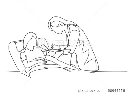 One continuous line drawing of young female doctor giving antibiotic injection to the patient who laying weakly in the bed 68945256