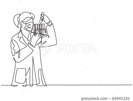 One continuous line drawing of young female laboratorian analyze formula on glass tube to find covid19 vaccine at laboratory One continuous line drawing of young female laboratorian analyze formula on glass tube to find covid19 vaccine at laboratory 68945282