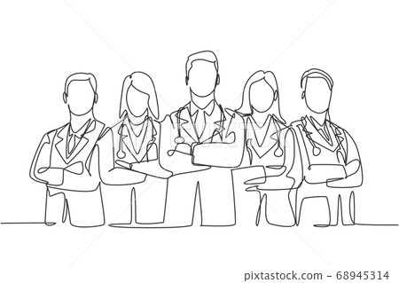 Single continuous single line drawing group of young promising doctor posing standing and cross hands on chest together at hospital 68945314