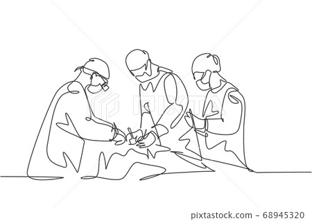 Single continuous single line drawing group of team surgeon doctor doing surgery operation to the patient with critical condition Single continuous single line drawing group of team surgeon doctor doing surgery operation to the patient with critical condition 68945320