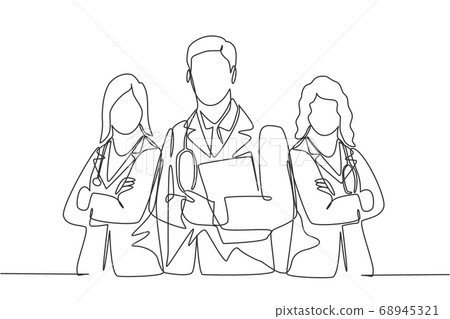 One continuous single line drawing group of young male and female doctors pose standing together while holding medical report One continuous single line drawing group of young male and female doctors pose standing together while holding medical report 68945321