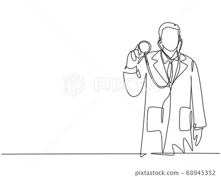One single line drawing of young happy male doctor pose standing and holding stethoscope at hospital One single line drawing of young happy male doctor pose standing and holding stethoscope at hospital 68945352