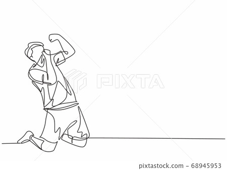 One single line drawing of sporty young professional football player kissing club badge on his jersey after goal scoring 68945953