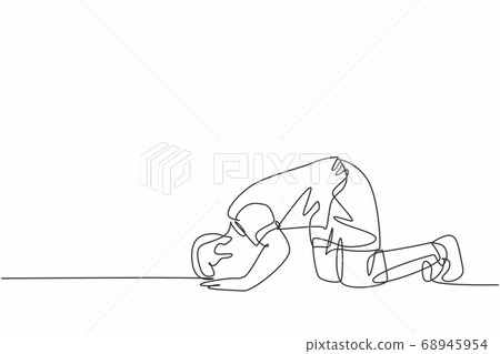 One single line drawing of sporty football player celebrates his goal with sujud of gratitude gesture at field 68945954