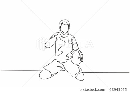 One continuous line drawing of young soccer player keeps the ball on hand and punch fist to the sky to celebrate the goal 68945955