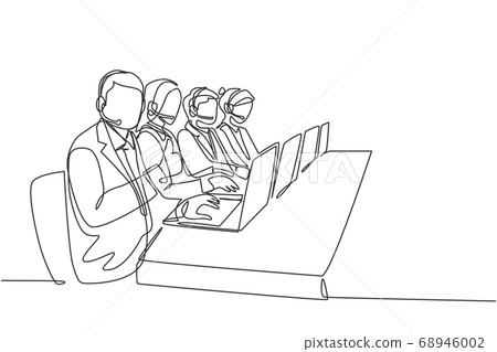One continuous line drawing group of male and female telemarketing team calling prospective client to offer product 68946002