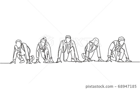 One single line drawing group of businessmen and businesswomen get ready on start line to do sprint race 68947185