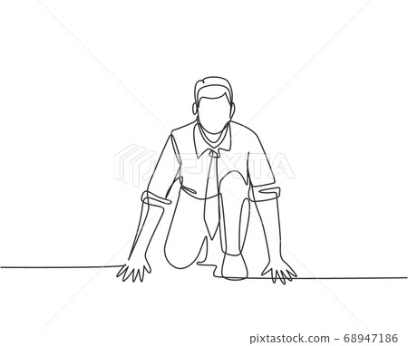One continuous single line drawing of young happy businessman gets ready to doing sprint run on running track, from front view One continuous single line drawing of young happy businessman gets ready to doing sprint run on running track, from front view 68947186