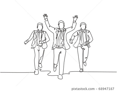 One single line drawing of young male worker rise fist to the air after winning cross the finish line beating his partners One single line drawing of young male worker rise fist to the air after winning cross the finish line beating his partners 68947187
