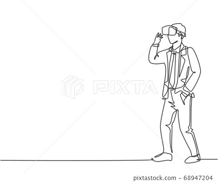 One continuous line drawing of young happy businessman ready to play virtual reality game simulation One continuous line drawing of young happy businessman ready to play virtual reality game simulation 68947204