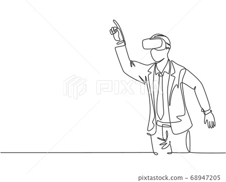 One continuous line drawing of young happy businessman pretending to touch button while wearing virtual reality helmet 68947205