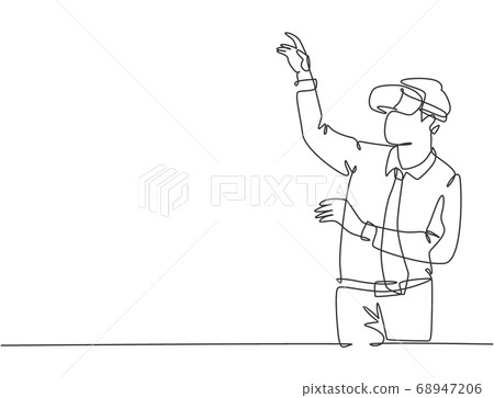 One continuous line drawing of young happy businessman pretending to touch button while wearing virtual reality helmet One continuous line drawing of young happy businessman pretending to touch button while wearing virtual reality helmet 68947206