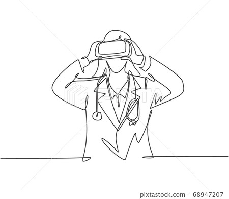 One single line drawing of young happy female doctor looking digital visual data using virtual reality goggles 68947207