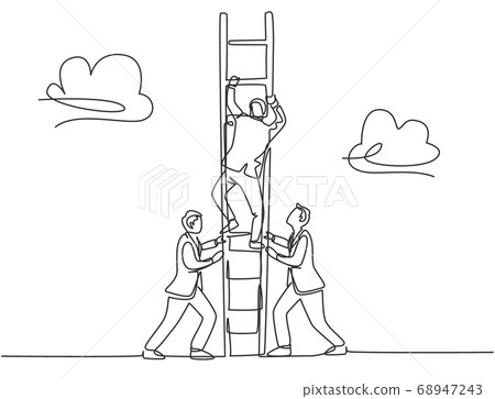 One continuous line drawing of team members support their leader to climb the ladder to reach the sky to reach the success 68947243