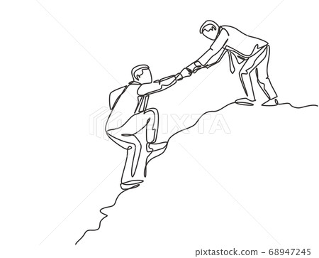 Single continuous line drawing of young male energetic businessman holding hands his partner to help climbing the hill 68947245