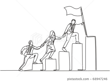 Single continuous line drawing of team members holding hands together following their leader who hold flag climbing up stairs step by step 68947246