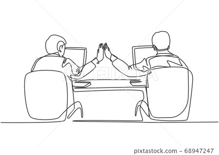 One continuous line drawing of two young happy business men high five when they knew the project running smoothly 68947247