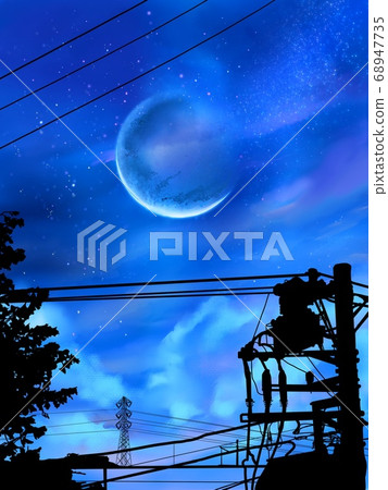 Silhouette of moon and utility pole in the starry sky Silhouette of moon and utility pole in the starry sky 68947735