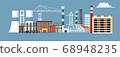 Banner horizontal industrail landscape, blue sky with clouds, plant buildings, city and factory, vector illustration 68948235