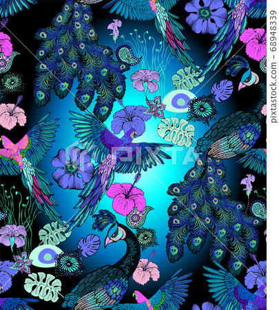Seamless pattern of parrots, peacock and flowers. Suitable for fabric,  mural, wrapping paper and the like. Vector illustration 68948339