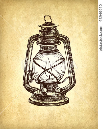 Ink sketch of kerosene lamp. 68949930