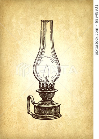 Ink sketch of kerosene lamp. 68949931