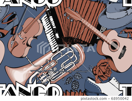 Seamless pattern. Objects are symbols of tango: vintage shoes, roses, musical instruments. 68950042