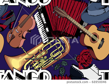 Seamless pattern. Objects are symbols of tango: vintage shoes, roses, musical instruments. 68950046
