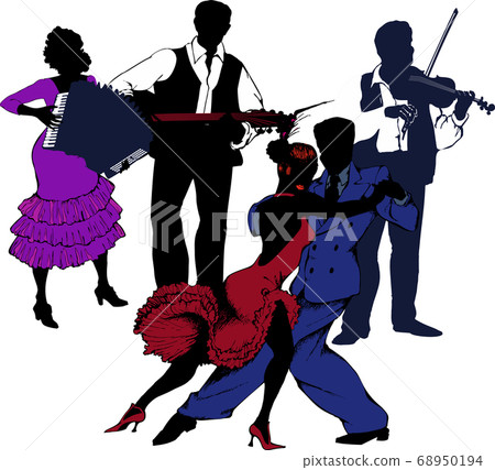 A couple dancing tango and musicians. Gangster style 1930. 68950194
